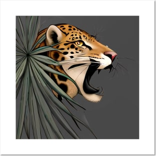 tribal of a jaguar between the leaves of a bush as a simple line drawing Posters and Art